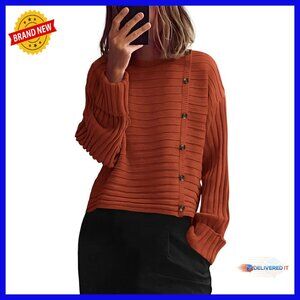 Women's Loose Fit Crewneck Pullover Sweater Long Sleeve Button Detail